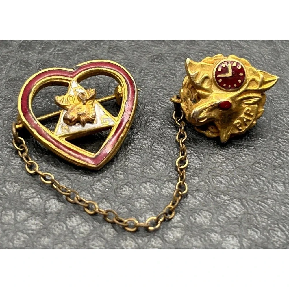 VTG Gold Filled Fraternal Women of the Moose Lodge Red Enamel Heart Chain Pin